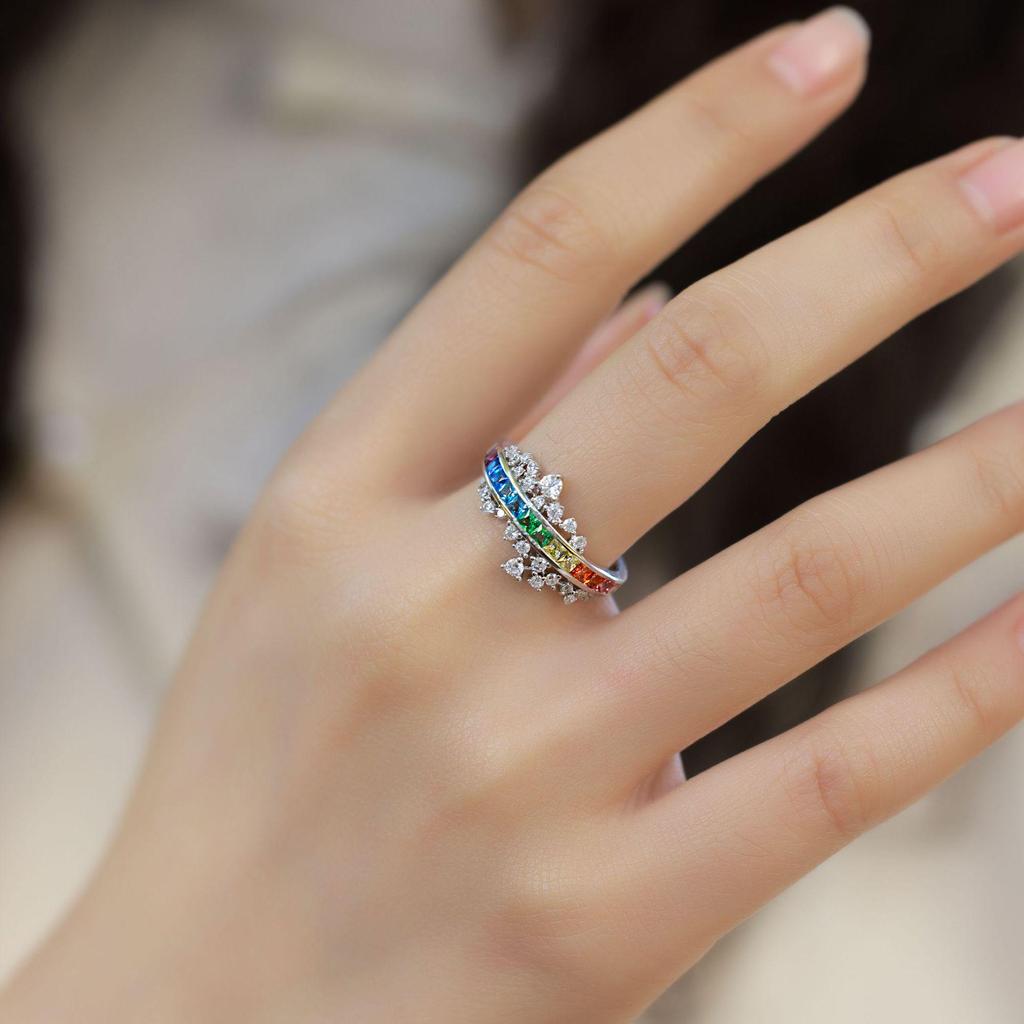 S925 Silver Rainbow Zircon Ring with Colorful Gemstones, European and American Style