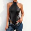Black Matte Patent Leather Halter Bodysuit with Snap Crotch & Cutouts