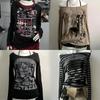 2000s American Vintage Gothic Black Women T-shirts Punk Style Graphic Grunge Tshirts Harajuku Y2k Long Sleeve Tops Streetwear