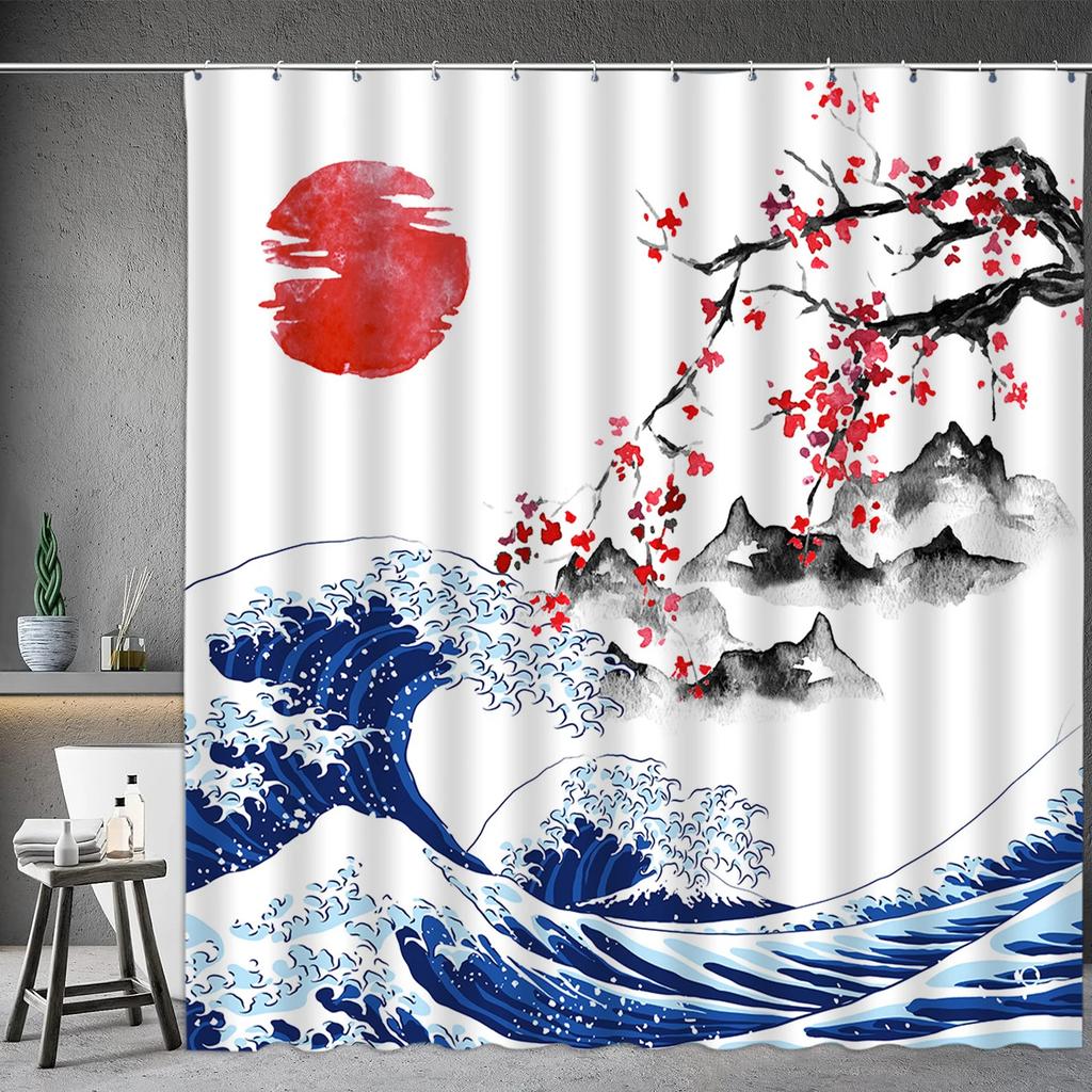 Asian Shower Curtain Japanese Traditional Black and White Mt. Fuji Cherry Blossom Fish Waves Red Sun Octopus Bathroom Decoration