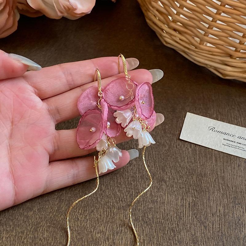 Sweet Fabric Flowers Long Tassel Earrings For Women Sweet Temperament Crystal Drop Dangle Earring Party Wedding Jewelry Gift 2025
