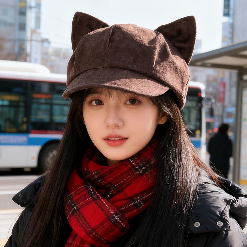 Autumn and Winter Suede Cat Ear Beret Women's Retro Face Showing Small Octagonal Hat Casual Versatile Trendy Painter Hat