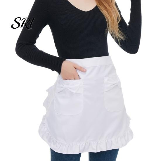 Vintage Kitchen Apron Half with Butterfly Bow & Pockets Lace Hem Waist for Lightweight Coffee Shop Bistro Adjustable Ties Cafe Server Waitress