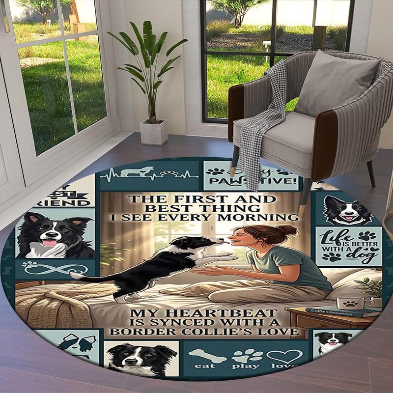 1PC Border Collie Love Non-Slip Floor Round carpet, Office, family, bedroom, Large Area Rug Indoor Rugs, Durable Polyester-L0384