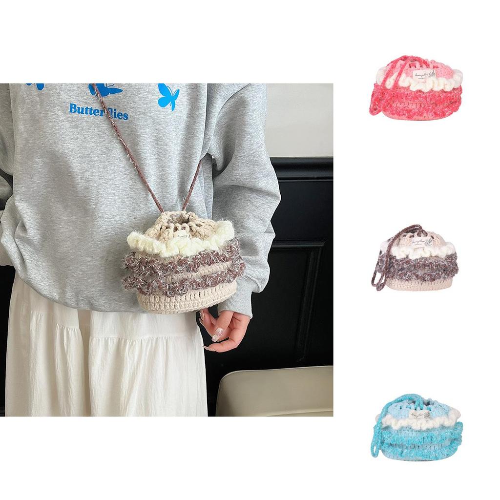 Cotton Linen Knitting Water Bucket Style Shoulder Bag For Kids And Teens
