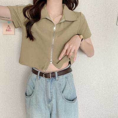 Französisches Design Polo-Revers Kurzarm Damen T-Shirt Sommer dünn Nischenstil Reißverschluss Halbarm kurzes Oberteil