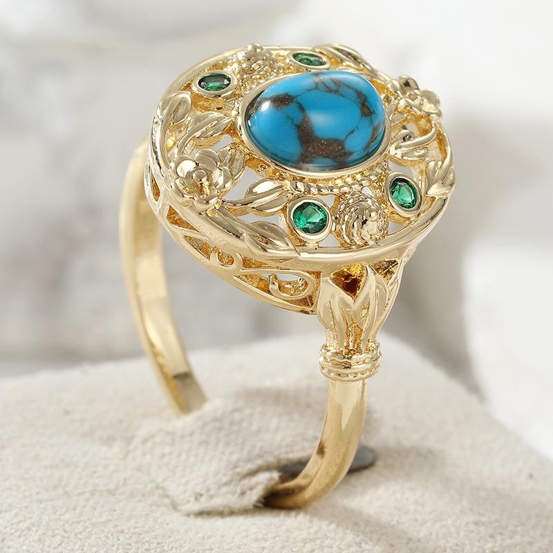 Vintage Inlaid Imitation Turquoise CZ Flower Women's Ring Ethnic Gold Color Geometry Daily Wear Party Jewelry Anniversary Gift