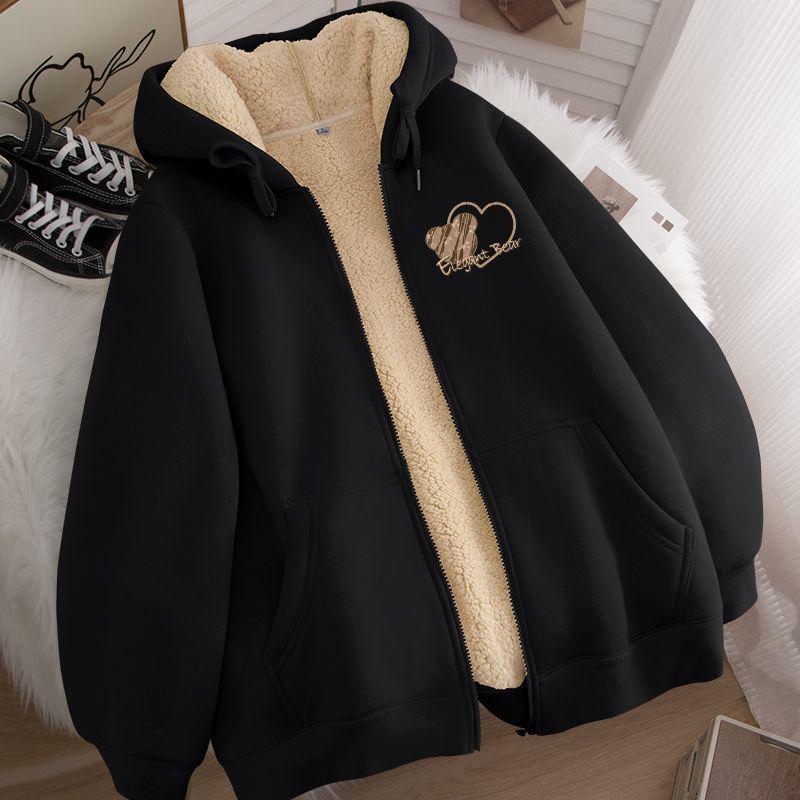 Unisex Hooded Zip-Up Fleece-Lined Cardigan - Warm Winter Lamb Wool Jacket (Apricot)