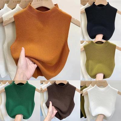Women's Vest Tank Solid Color Knitted Tees Cropped Camisole Sweater Half-turtleneck Spring Autumn Sleeveless