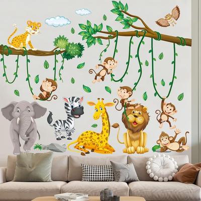 Adesivi Murali Animali della Giungla Ramo Liana Stanza dei Bambini Animali Ragazzi e Ragazze Cameretta Decorazione Murale Camera da Letto