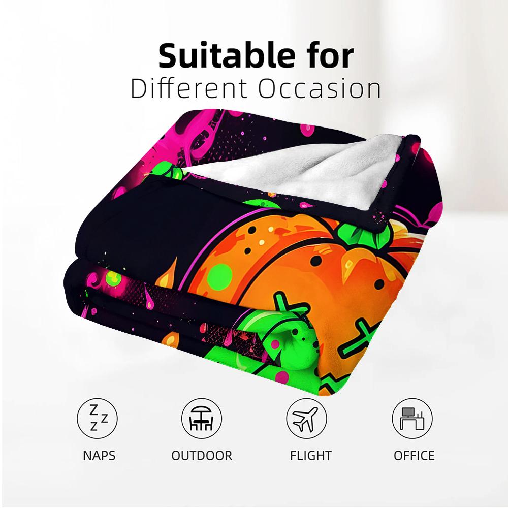 Neon Pumpkin Splatter Anime Cartoon Flannel Blanket Soft Warm Throw for Bedroom Sofa Car Kids Holiday Gift
