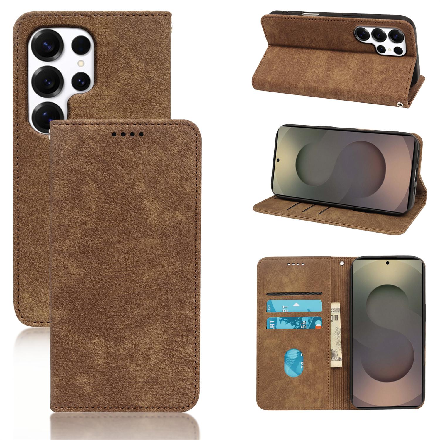 

For Samsung Galaxy S25 Ultra Case Strong Magnetic Leather Wallet Phone Cover with Striped Texture Brown