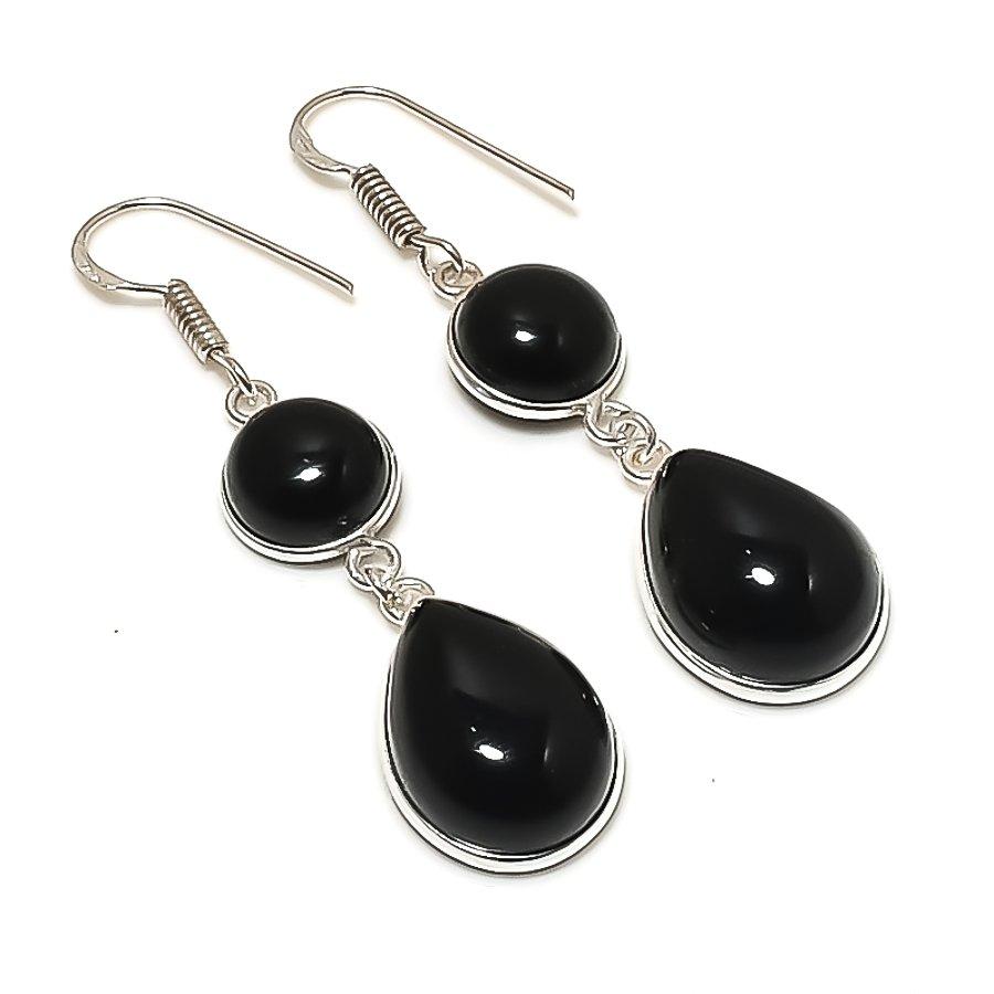 Natural Black Onyx Gemstone Handmade 925 Sterling Silver Earring 2.17  AE-11726