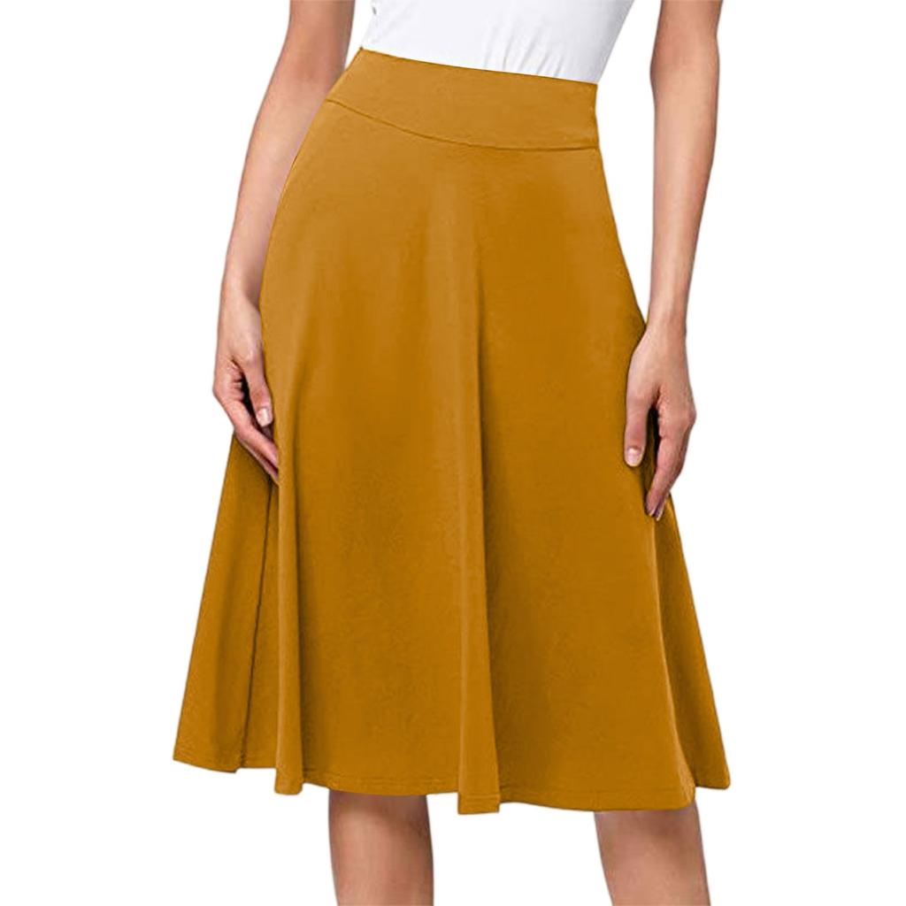 Women's High Waist Knee Length Elastic Knit A-Line Stretch Flared Casual Midi Skirt