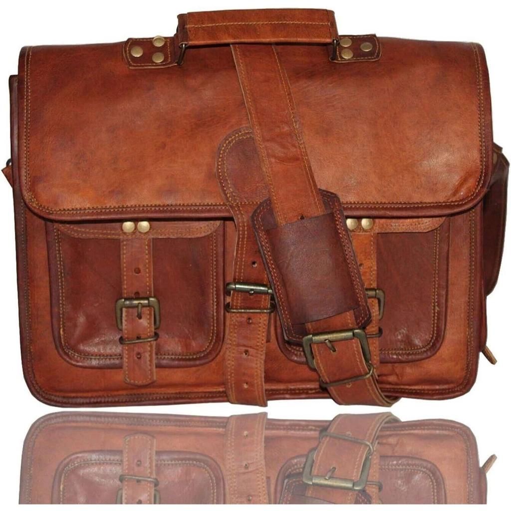 Fits Laptop Bag Men's Vintage Brown Leather Messenger Shoulder Briefcase