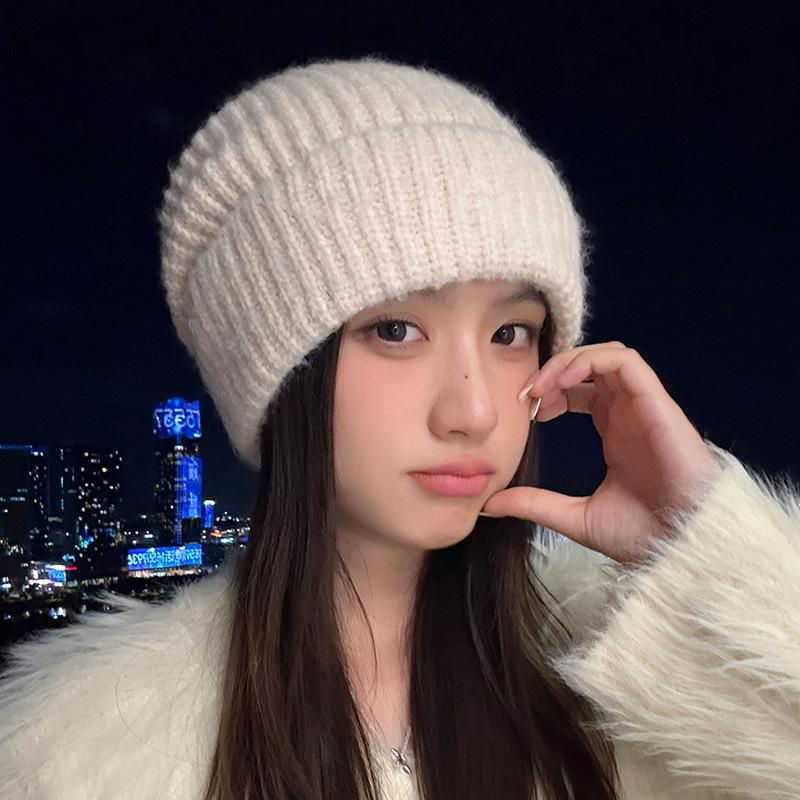 Alles passend Literarische Retro Pile Mütze Koreanischer Stil Verdickte gestrickte Wollmütze Großer Kopfumfang Kälteabweisend und warm Ausziehbare Mütze