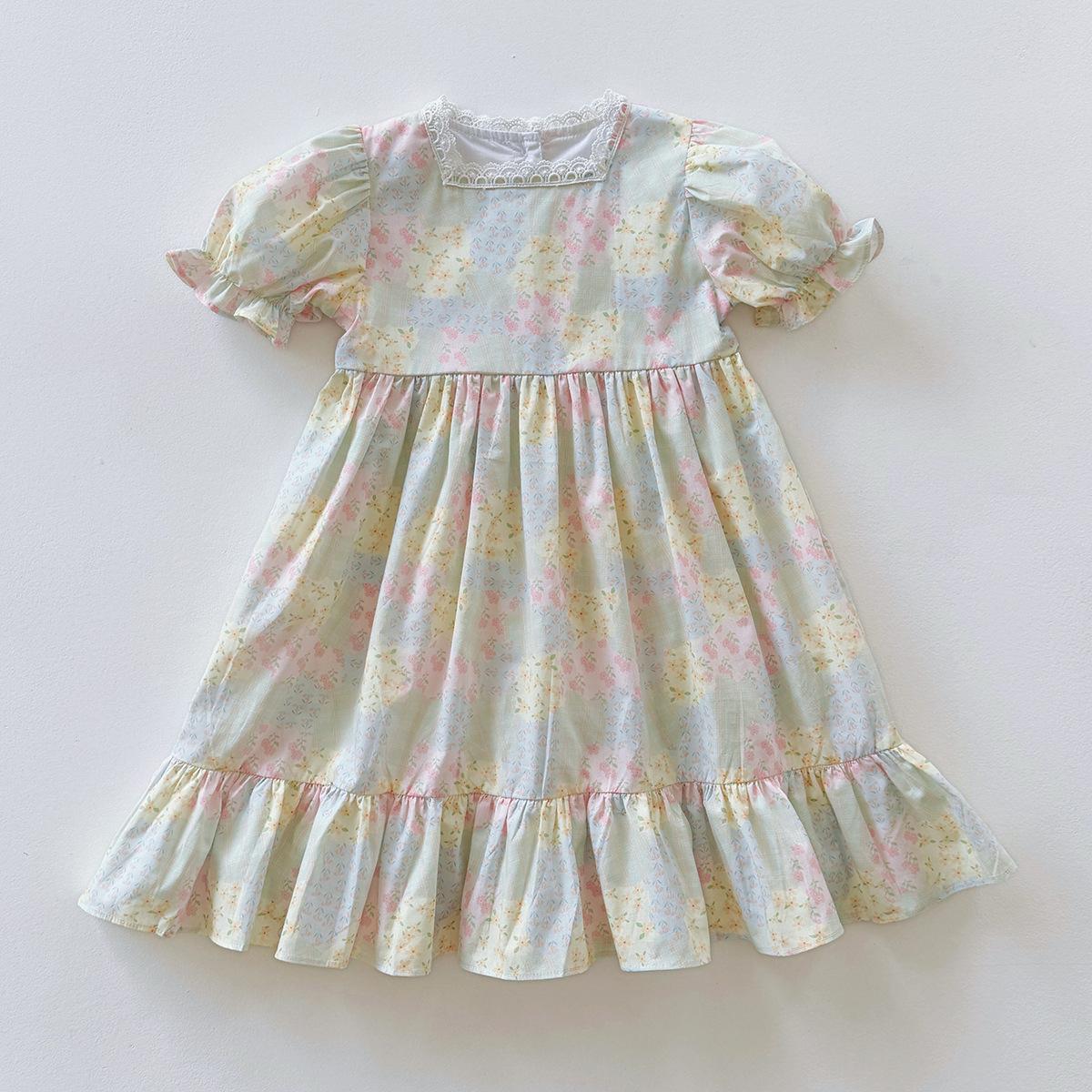 Girls Summer Floral Square Neck Short Sleeve Dress Sweet Tiered Cake Skirt Children Princess Party Dress 100cm