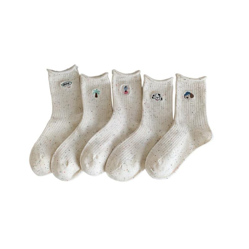 Spring and Autumn Lovely Cartoon Puppy Embroidered Socks - Children's Mid-length Socks with Trendy Rolled Edges and No Bones - Long Socks