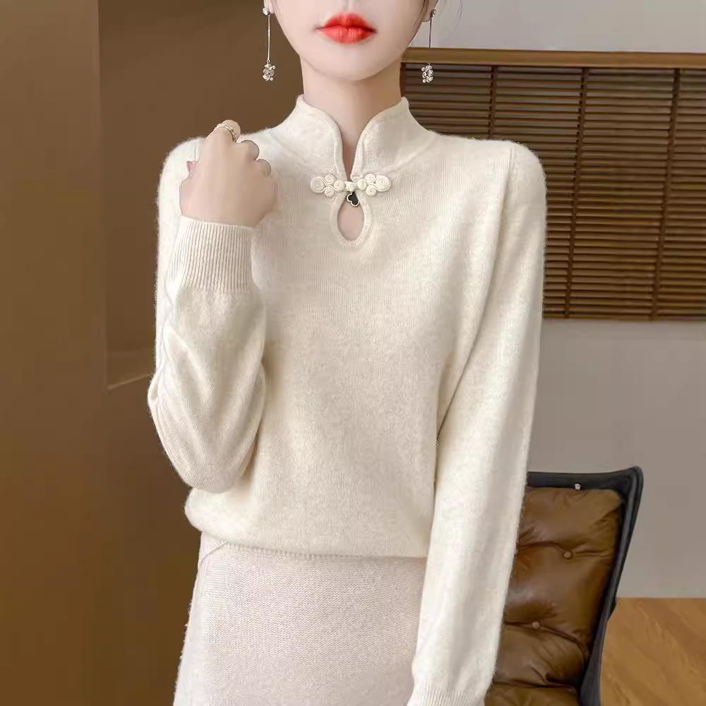 National Style Collar Disc Button Long Sleeve Knitted Bottoming Sweater Women's Slim Inner  Sweater