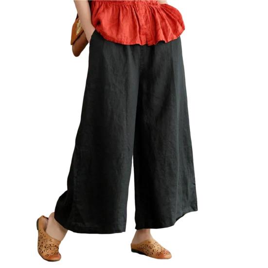 Women Summer Spring Pants Wide Leg Oversized Straight Solid Color Elastic Waist Match Top Pockets Deep Crotch Lady Ninth Pants Lady Garment