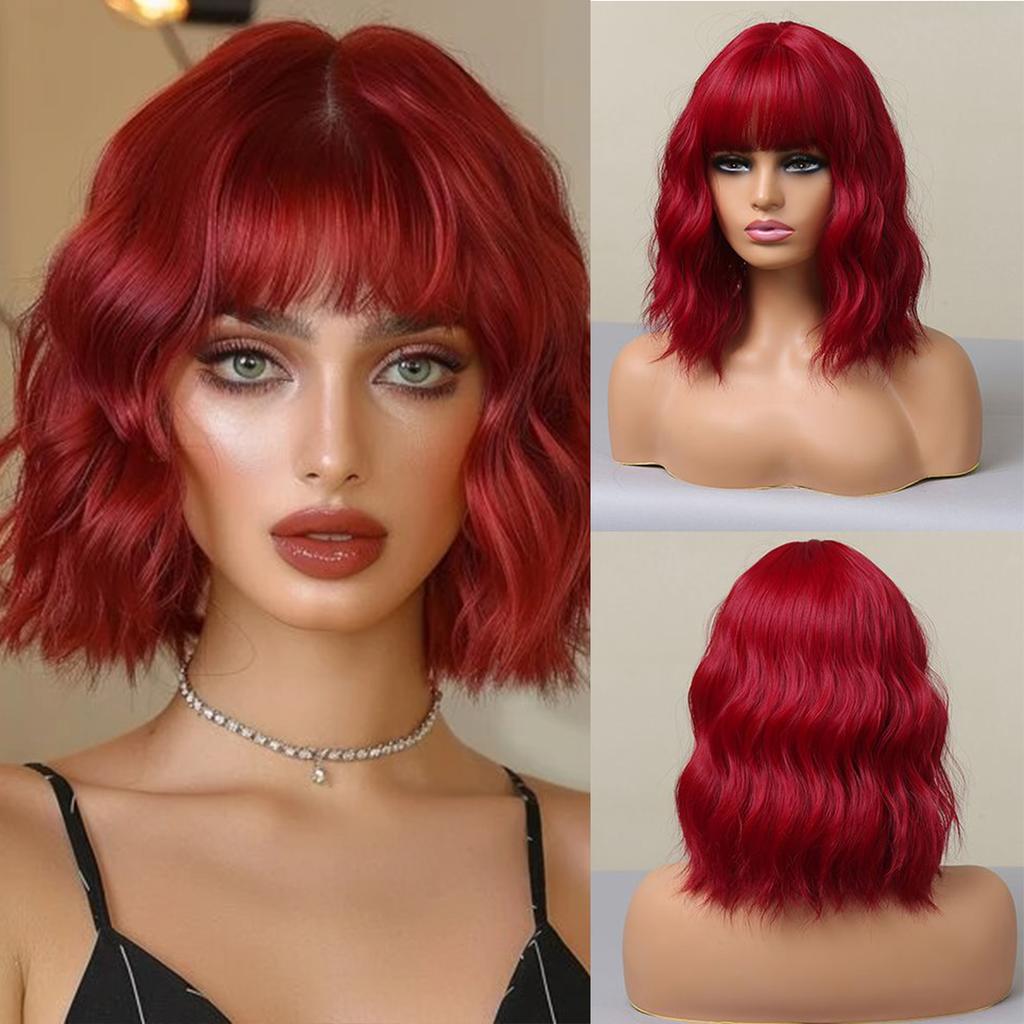 Short Wavy Wine Red Synthetic Wigs for Women Curly Lolita Wigs With Bangs Shoulder Length Wigs Natural Looking Daily Cosplay