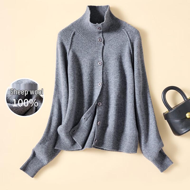 Women's Thick 100% Lambswool Stand-Up Collar Cardigan