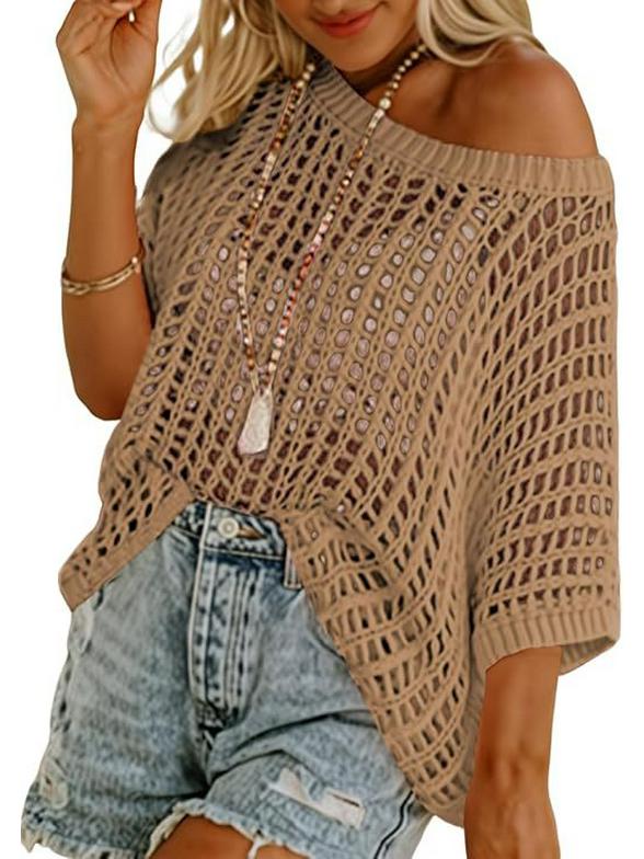 2025 Summer Women's Five-Sleeve Sexy Cutout Knit Beach Cover-Up Sweater