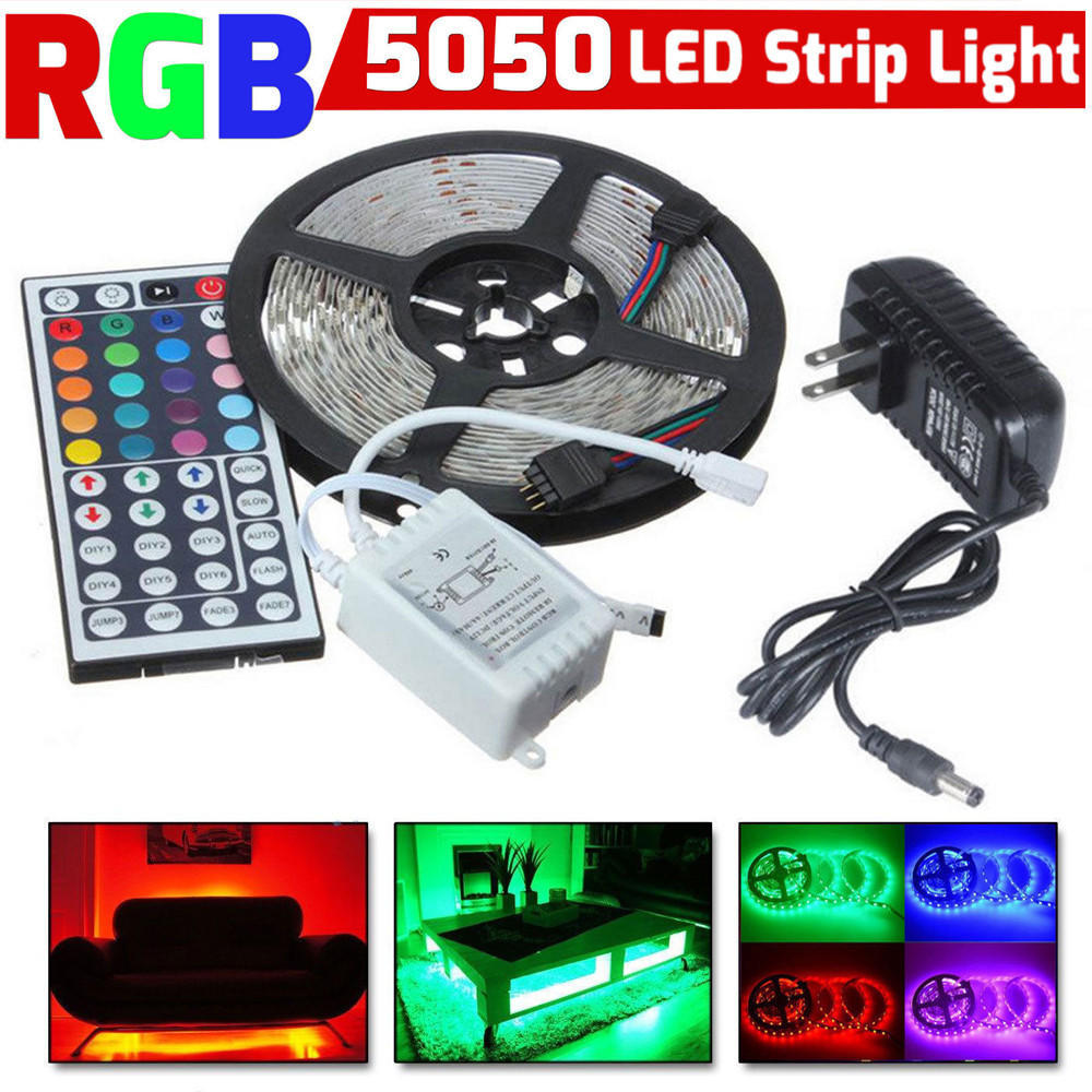 5M RGB 5050 Non Waterproof LED Strip light SMD 44 Key Remote 12V Power ...