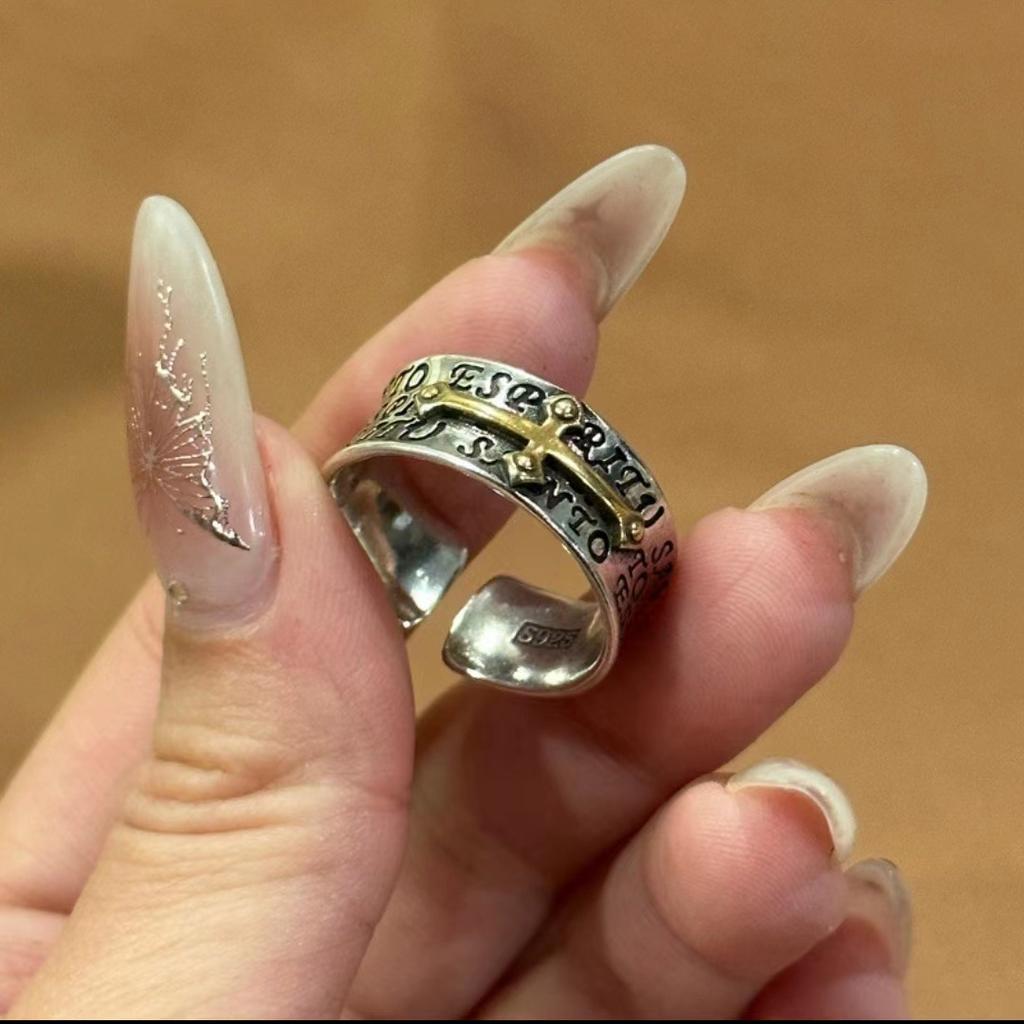 Korean Version of Fashion Temperament Men's and Women's Imitation Cross Ring Color Separation Trend Personality Live Adjustable Jewelry