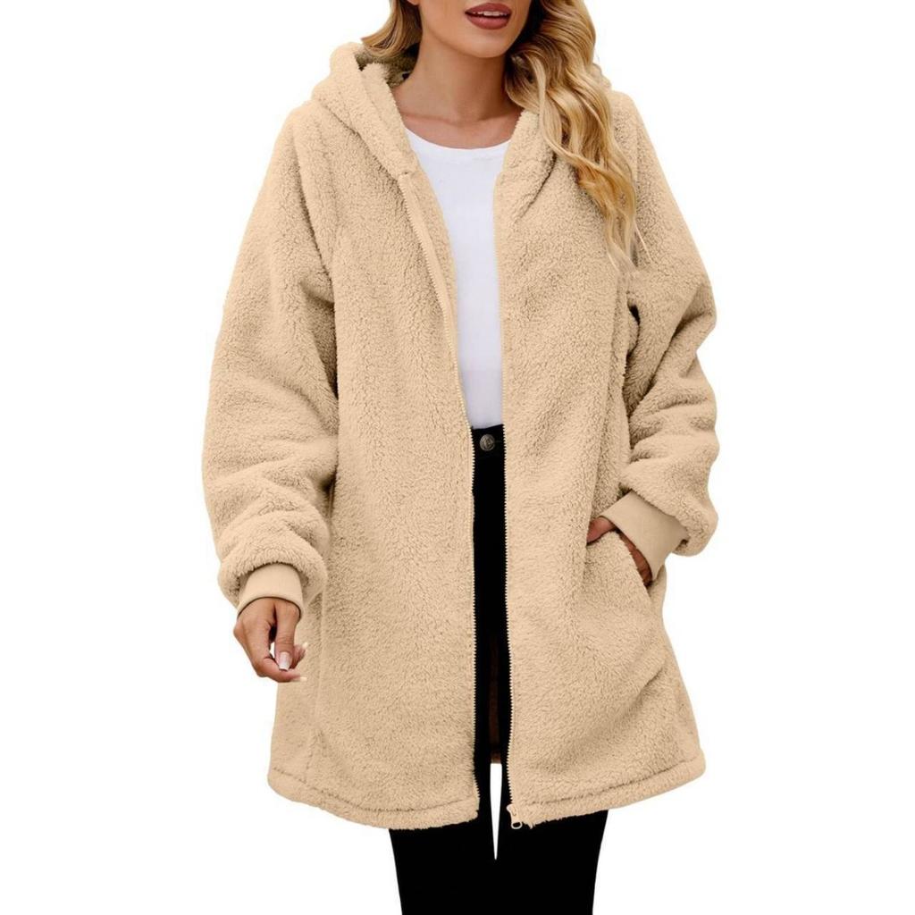 Winter New Loose Fuzzy Plush Women's Long Sleeve Hooded Zip Up Cardigan Coat for Europe America