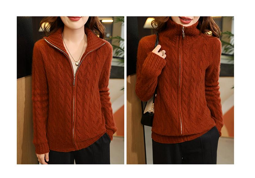 Women's Autumn Thick Wool Cable Knit Cardigan - Lazy Style, Loose Fit, Long Sleeve, Stand Collar Sweater Coat