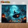 Mocsicka Halloween Witch Photo Backgrounds Shooting Props Moon Castle Bat Jack-O-Lanterns Party Decorations Photography Backdrop