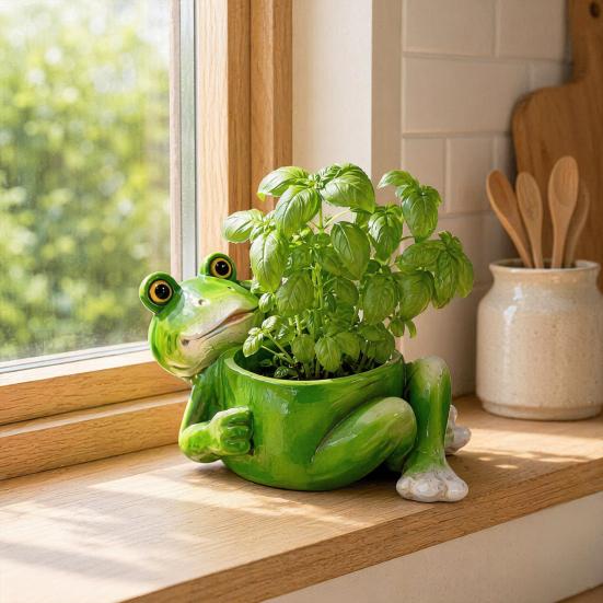 Frog Planter, Funny Lying Frog Flower Pot, Resin Animal Plant Container for Home Office Desk Garden Decor