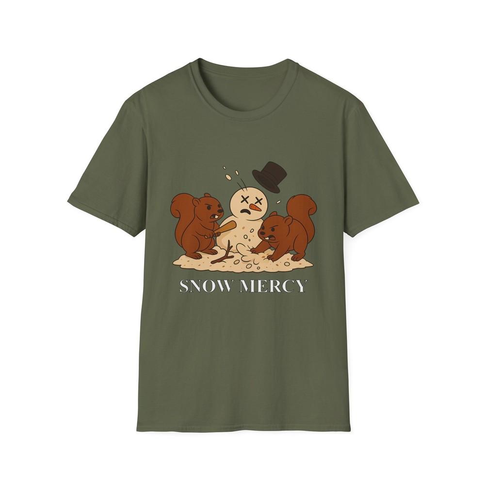 

Unisex Softstyle T-Shirt Funny Snowman Attack “Snow Mercy” Angry Squirrels Tee S