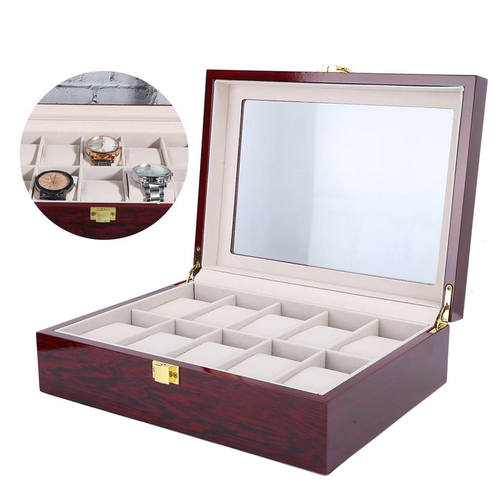 Wooden 10 Grid Watch Display Box Transparent Window Watch Storage Box (Red)