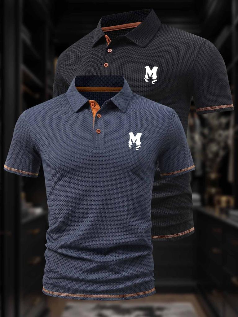 2 Pcs Men's Polo Shirts - Short Sleeve Casual Polo T Shirt Color Block & Stand Collar Slim Fit Golf Shirts