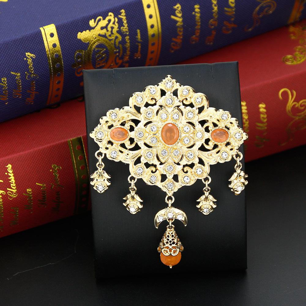 Sunspicems Elegent Crystal Women Brooch Morocco Jewelry Gold Arabic Caftan Hijab Brooch Pins Flower Bride Wedding Bijoux
