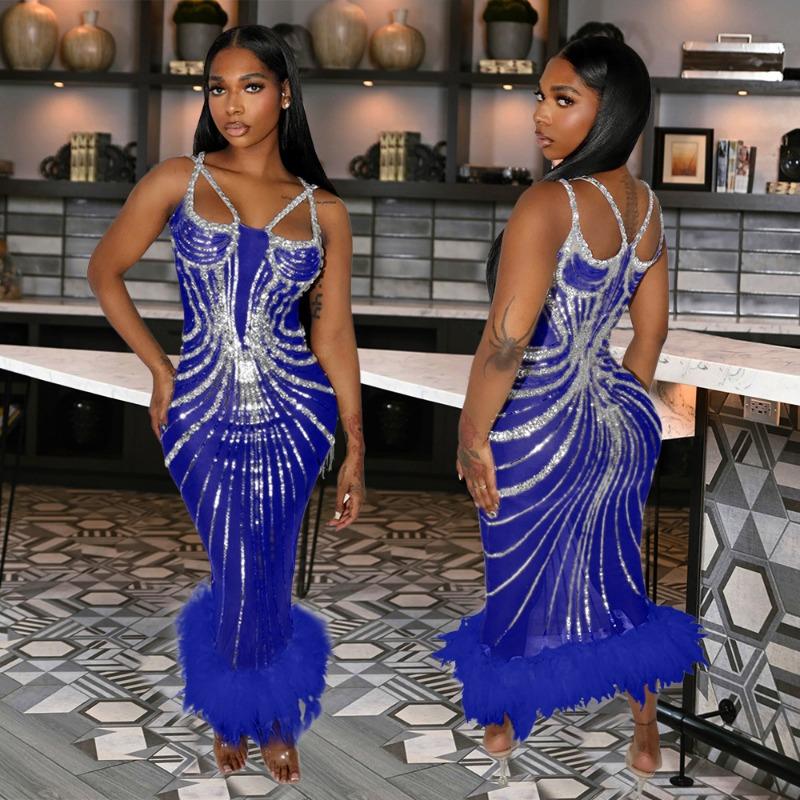 Women's Fashion Sequin Fanny Pack Hip Dress Annual Meeting Host Evening Wool Dress