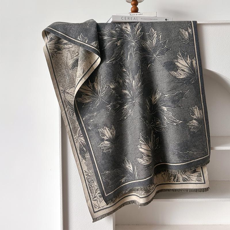 imitation cashmere maple leaf retro style advanced texture printing double-sided warm scarf shawl