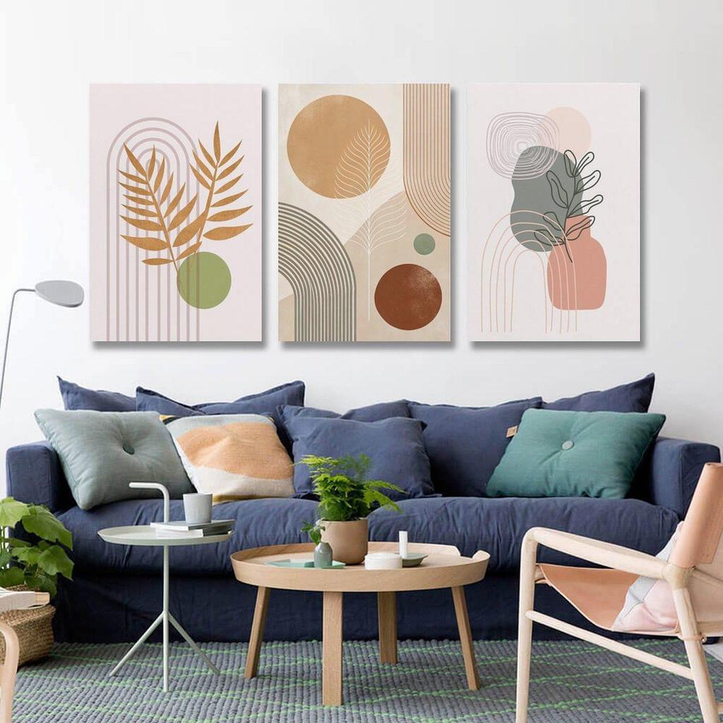 Bohem Yeşil Bitki Duvar Sanatı: Oturma Odası ve Restoran için Vintage Üç Panelli Geometrik Dekor