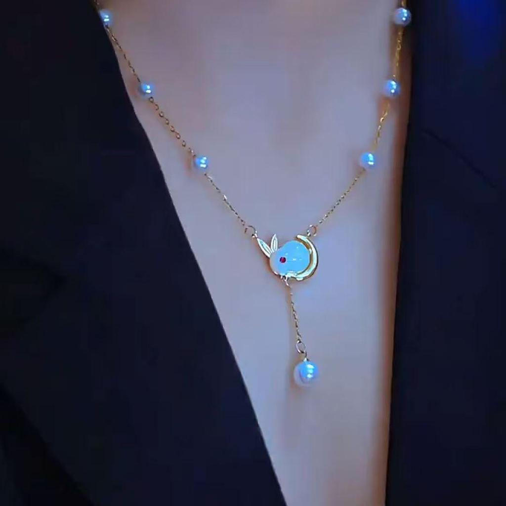 Pearl Jade Rabbit Necklace: Women's Luxury Choker with Starry Sky Design
