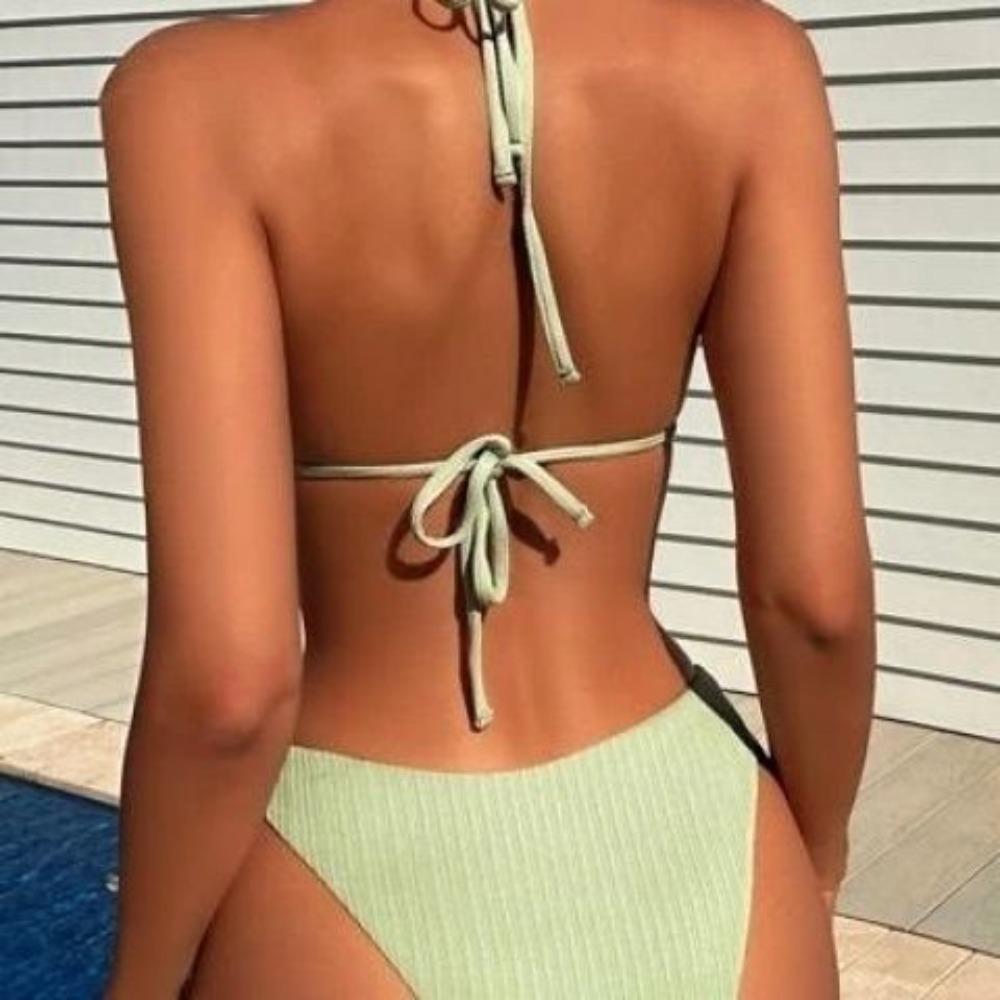 Sexy Solid Color Bikini Women's Triangle Sports Swimsuit European and American Swimsuit Beach Halter Hip High Waist Swimsuit