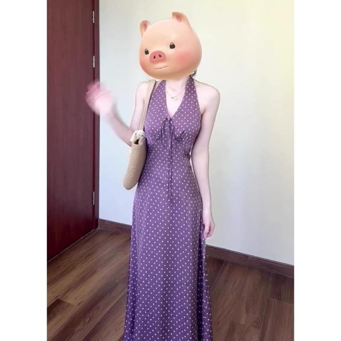 Hong Kong style retro polka dot neck dress women s summer French holiday style temperament v-neck waist thin long dress purple S фиолетовый