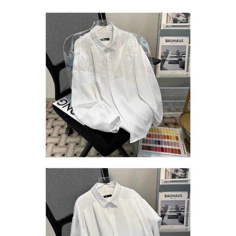 

Long-sleeved Thin Shirt for Men Solid Color Drape Light Mature Style Loose Casual Trendy Lapel L білий