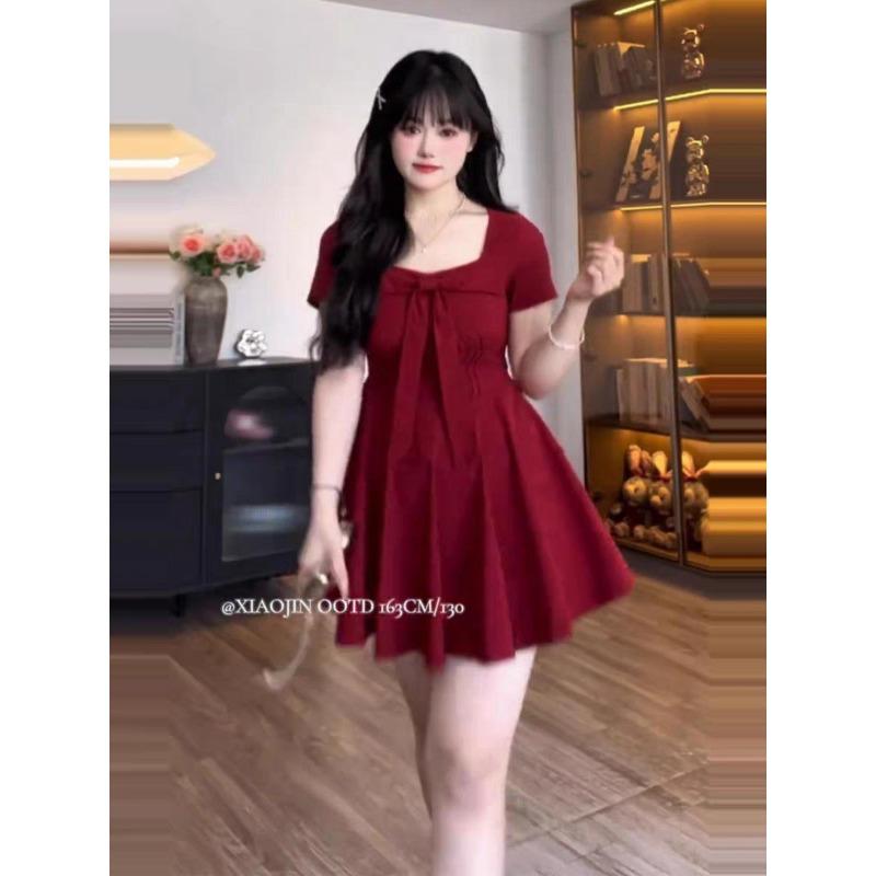 

Large size French retro bow dress women s summer fat mm thin waist temperament Hepburn style beautiful short skirt 4XL бордовий