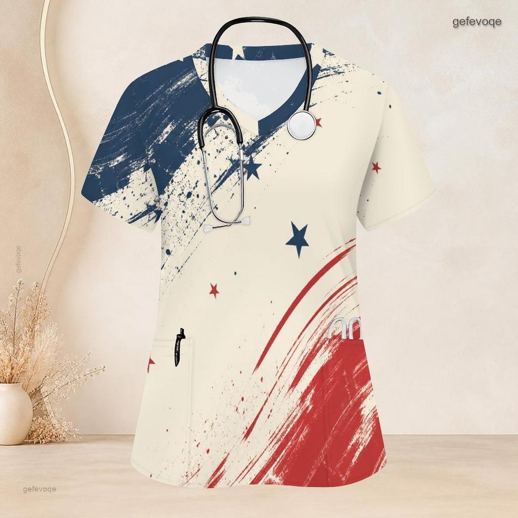 Women Plus Size V Neck Short Sleeve Eagle Star Stripe Printed Nurse Scrub Top With Front Pockets