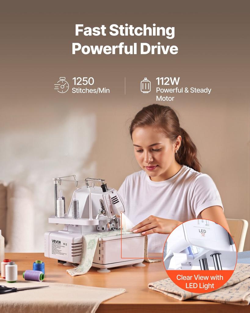 Serger Overlock Sewing Machine, 1250 Stitches Per Minute, 3 and 4 Thread Capability, with LED Light and Strong Suction Feet, Heavy-Duty Metal Frame