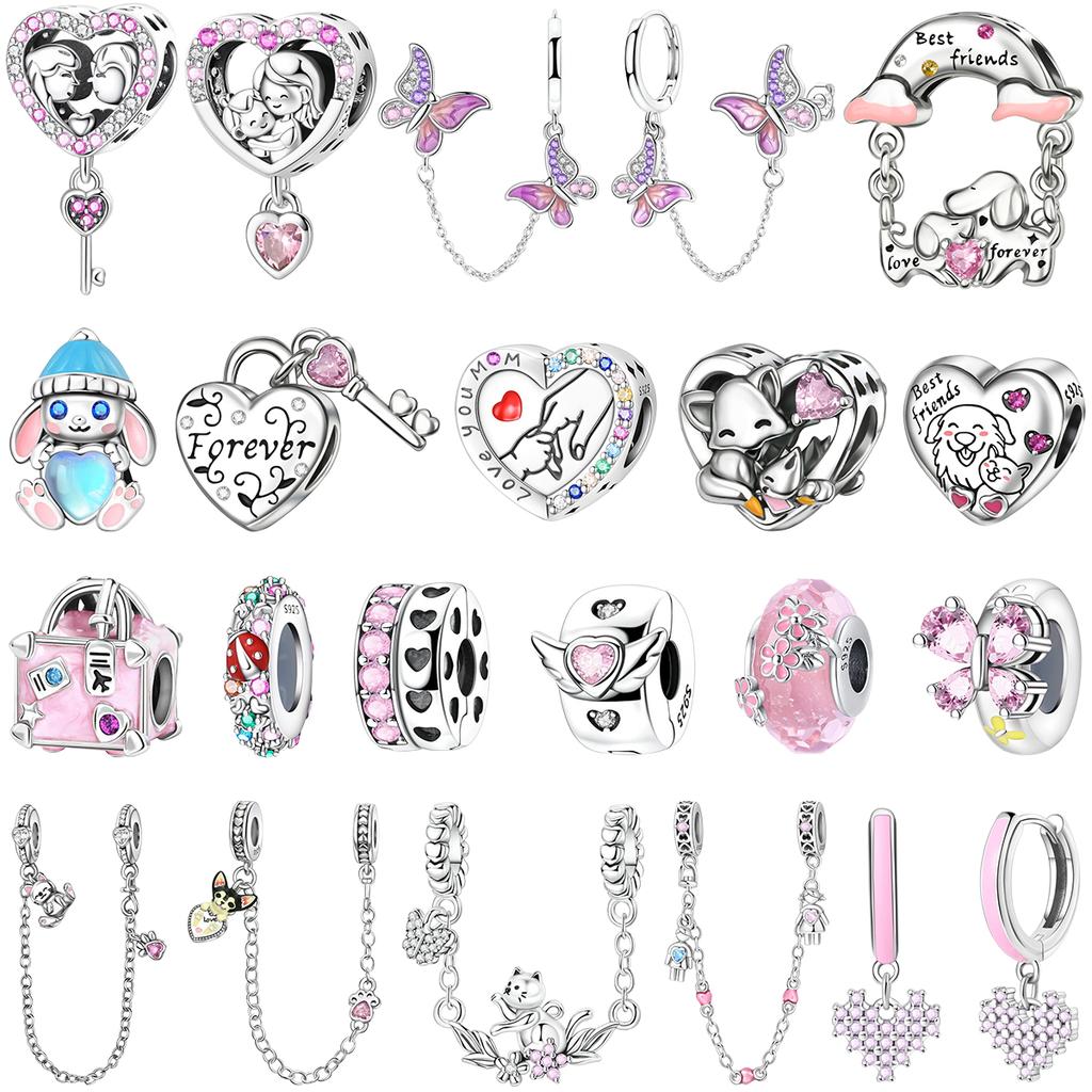 Neuer Kupferrosa Familienanhänger Kaninchen Schmetterling Herz Ohrring Perlenanhänger Passend für Original Armband Halskette DIY Schmuck