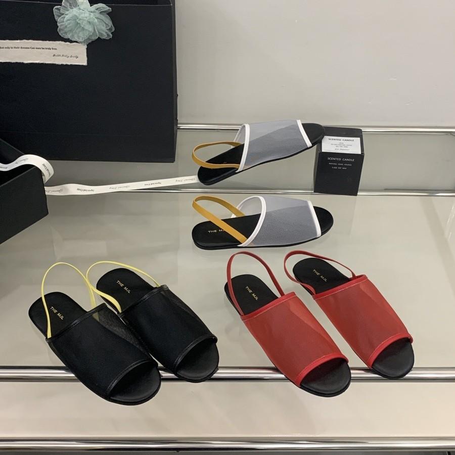 Mesh Breathable Flat-soled Sandals Women's One-word Broadband Leather One-pedal Rear Strap Open-toed Roman Shoes Half Slippers Summer
