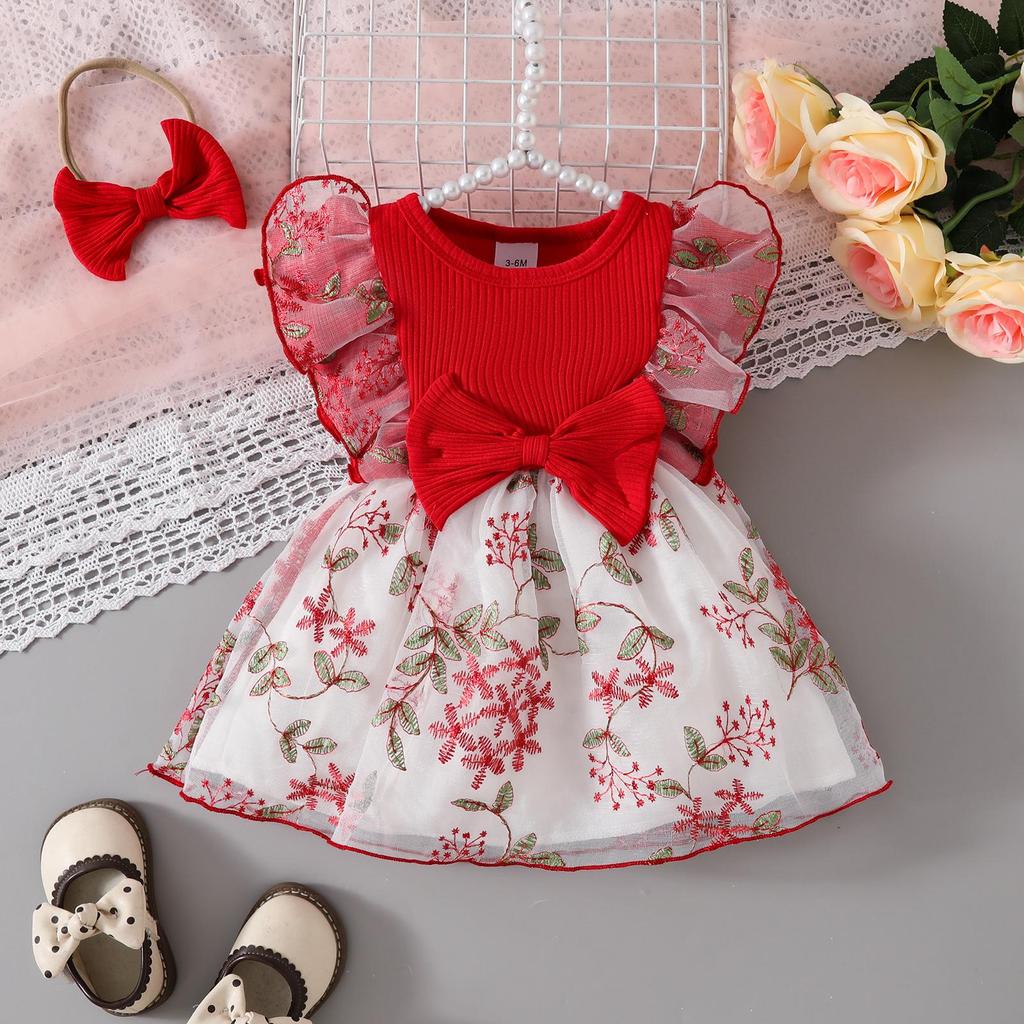 Baby Ruffle Bow Flower Mesh Dress Jumpsuit for 0-2 Years